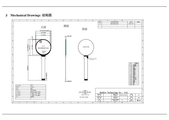 Pin definition diagram for 1.53 inch round TFT نمایش